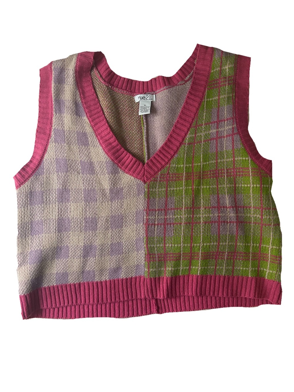 Rue21 Pink, Green & Lavender Plaid Knit Vest